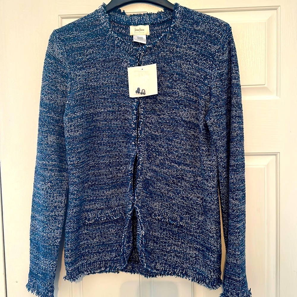 Neiman Marcus blue tweed sweater jacket NWT L